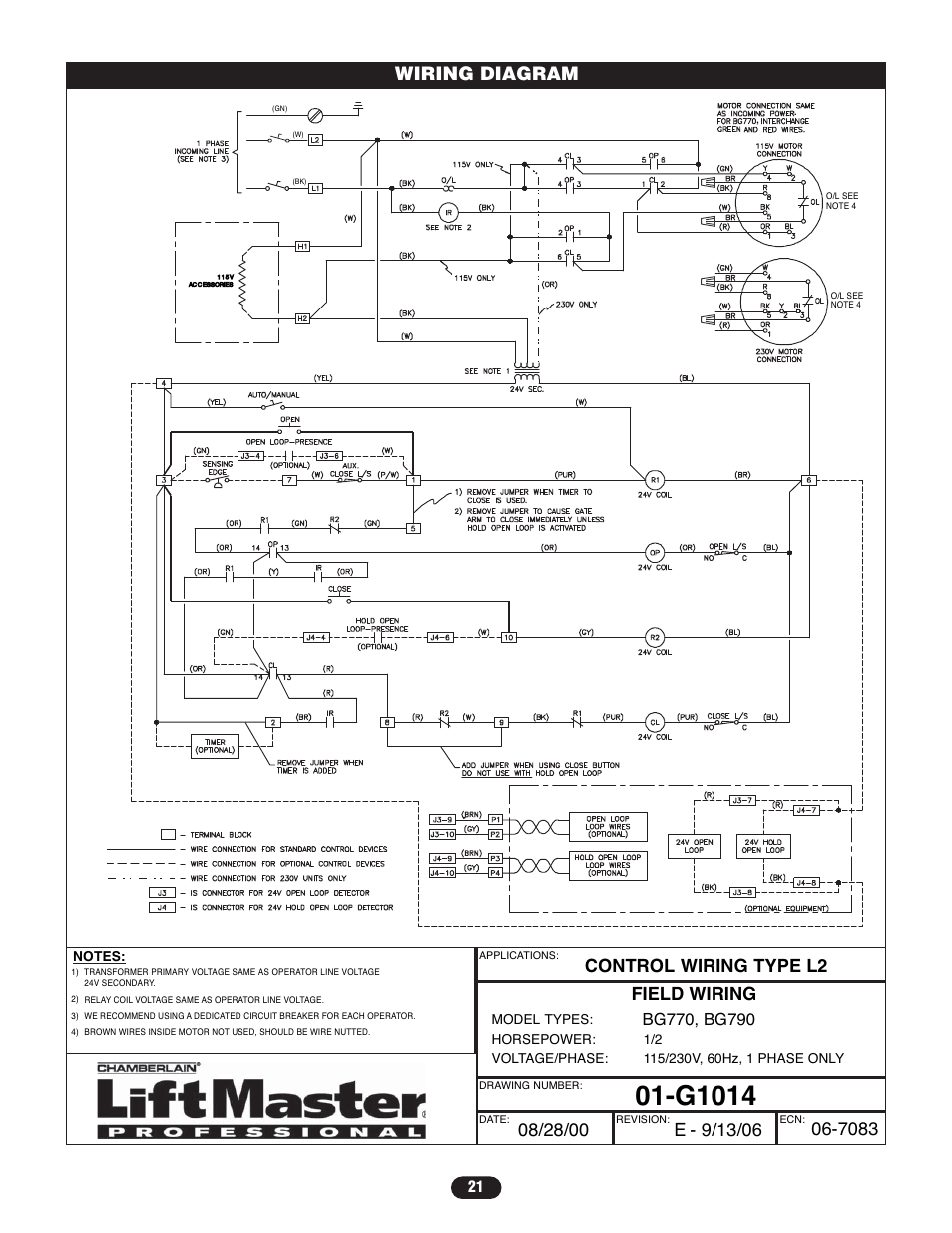 Wiring diagram - 1 phase, G1014, Control wiring type l2 field wiring | Wiring diagram | Controlled Products Systems Group BG7705011 User Manual | Page 21 / 24