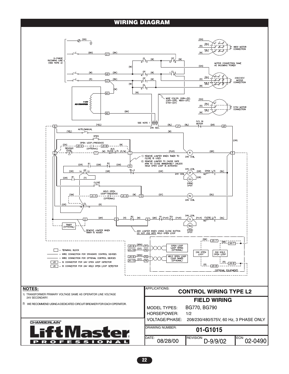Wiring diagram - 3 phase, Control wiring type l2 field wiring, Wiring diagram | Controlled Products Systems Group BG7705011 User Manual | Page 22 / 24