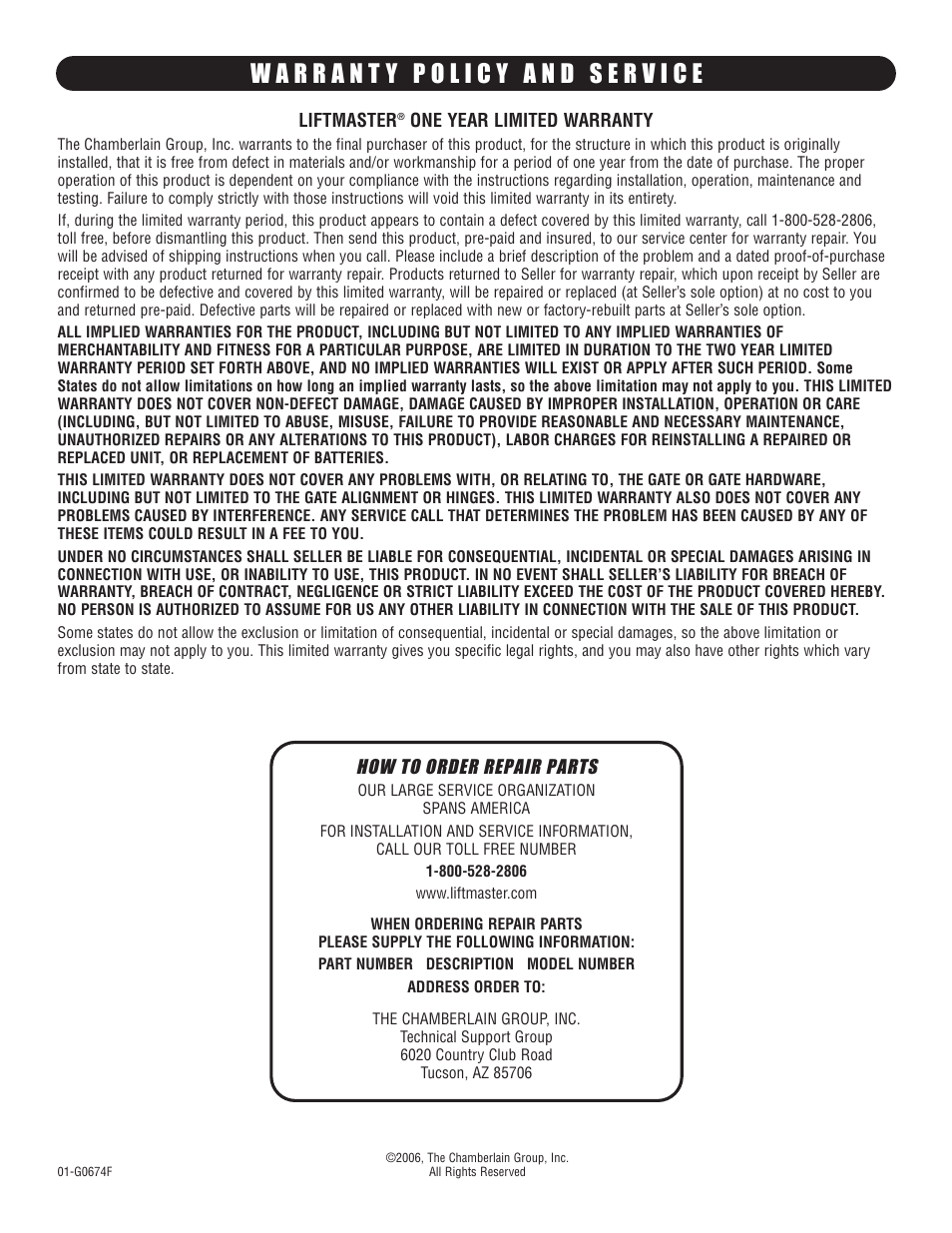 Warranty policy and service, How to order repair parts | Controlled Products Systems Group BG7705011 User Manual | Page 24 / 24