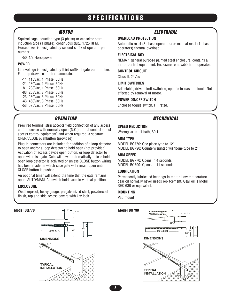 Specifications, Motor, Electrical | Operation, Mechanical | Controlled Products Systems Group BG7705011 User Manual | Page 3 / 24