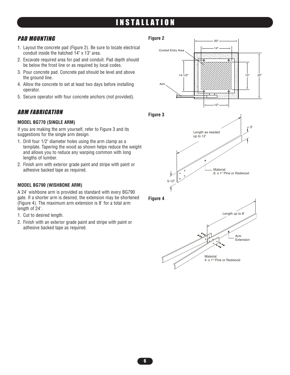 Installation, Pad mounting, Arm fabrication | Controlled Products Systems Group BG7705011 User Manual | Page 6 / 24