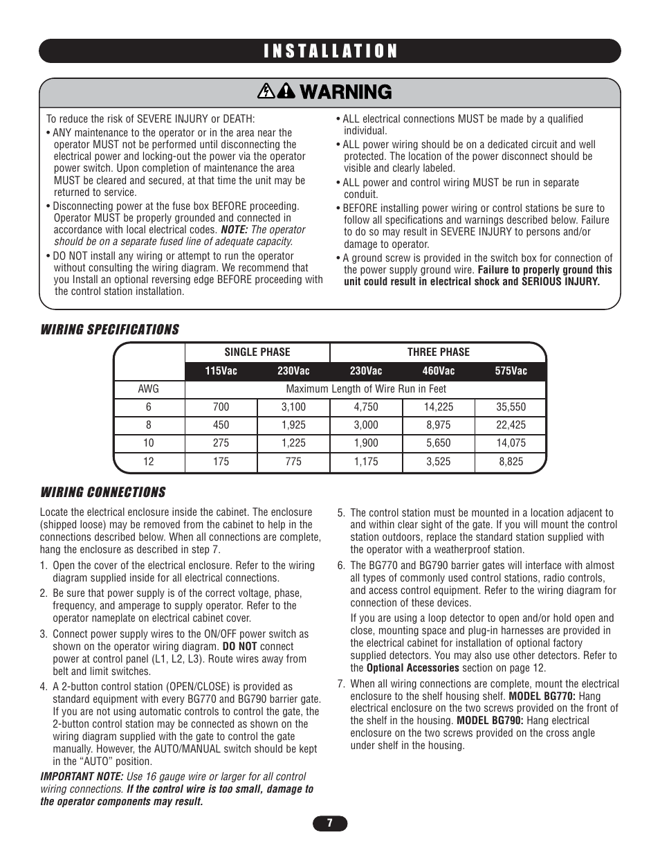 Wiring specifications, Wiring connections, Warning caution warning warning | Controlled Products Systems Group BG7705011 User Manual | Page 7 / 24