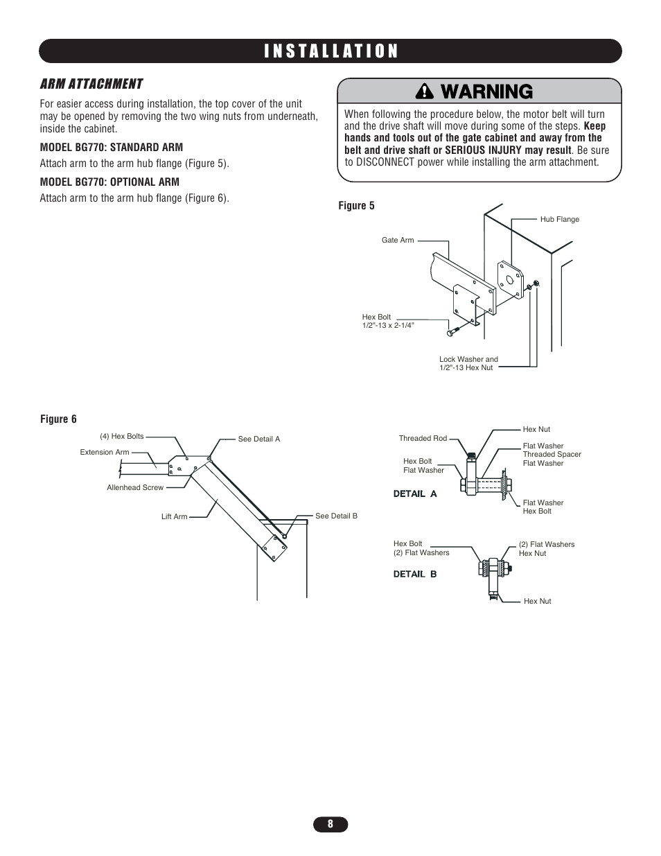 Arm attachment, Warning caution warning warning | Controlled Products Systems Group BG7705011 User Manual | Page 8 / 24