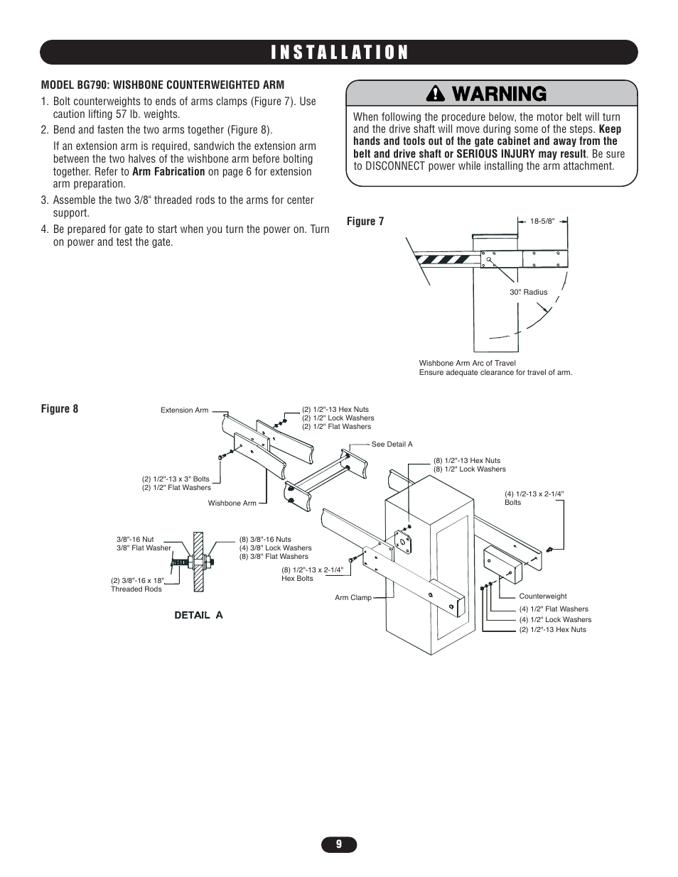 Model bg790: wishbone counterweighted arm, Warning caution warning warning | Controlled Products Systems Group BG7705011 User Manual | Page 9 / 24