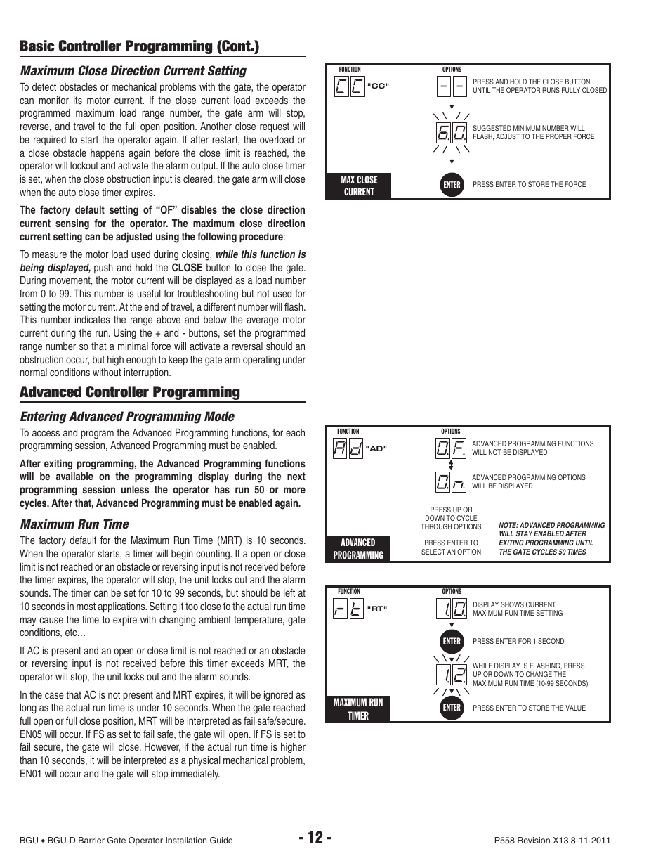 Basic controller programming (cont.), Advanced controller programming, Maximum close direction current setting | Entering advanced programming mode, Maximum run time | Controlled Products Systems Group BGU-12-311 User Manual | Page 14 / 28