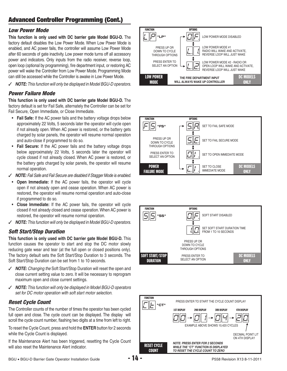 Advanced controller programming (cont.), Low power mode, Power failure mode | Soft start/stop duration, Reset cycle count | Controlled Products Systems Group BGU-12-311 User Manual | Page 16 / 28