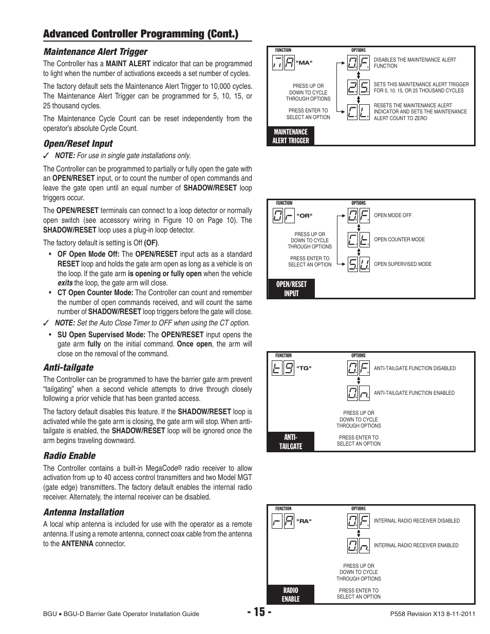 Advanced controller programming (cont.), Maintenance alert trigger, Open/reset input | Anti-tailgate, Radio enable, Antenna installation | Controlled Products Systems Group BGU-12-311 User Manual | Page 17 / 28