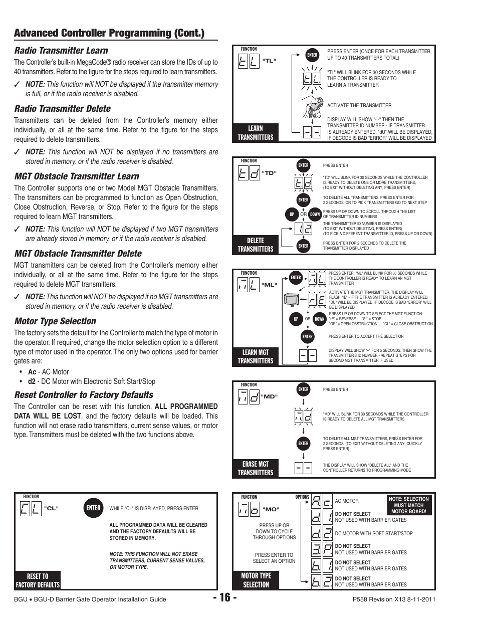 Advanced controller programming (cont.), Radio transmitter learn, Radio transmitter delete | Mgt obstacle transmitter learn, Mgt obstacle transmitter delete, Motor type selection, Reset controller to factory defaults, Reset to factory defaults, Erase mgt transmitters, Learn mgt transmitters | Controlled Products Systems Group BGU-12-311 User Manual | Page 18 / 28