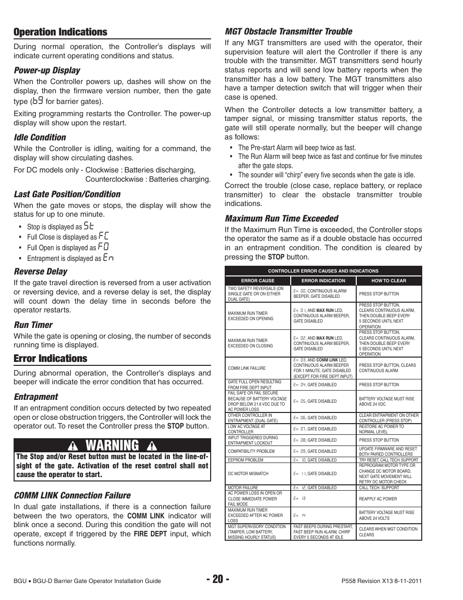 Warning, Operation indications, Error indications | Power-up display, Idle condition, Last gate position/condition, Reverse delay, Run timer, Entrapment, Comm link connection failure | Controlled Products Systems Group BGU-12-311 User Manual | Page 22 / 28