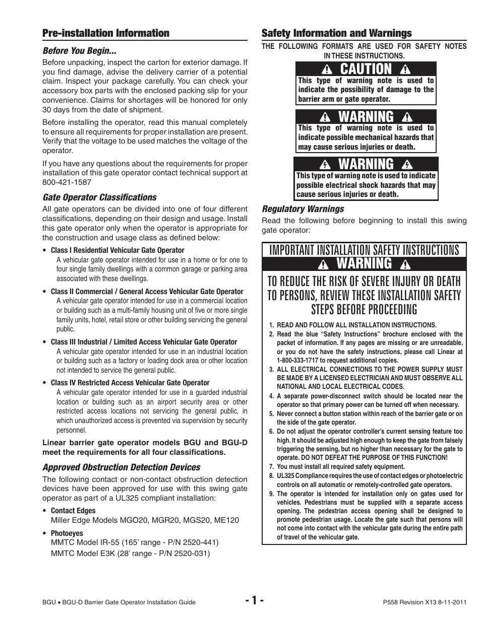 Warning, Caution, Pre-installation information | Safety information and warnings | Controlled Products Systems Group BGU-12-311 User Manual | Page 3 / 28