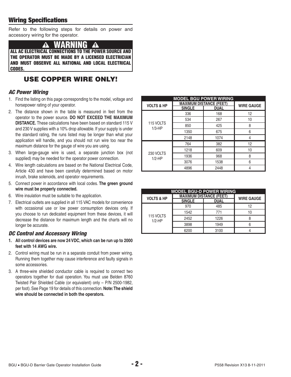 Warning, Wiring specifi cations, Use copper wire only | Controlled Products Systems Group BGU-12-311 User Manual | Page 4 / 28