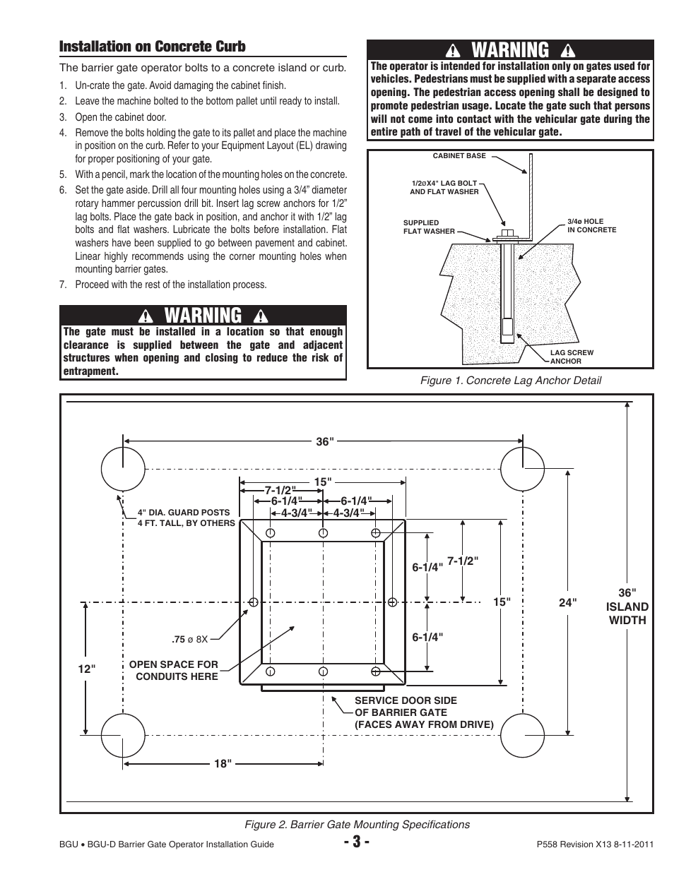 Warning, Installation on concrete curb | Controlled Products Systems Group BGU-12-311 User Manual | Page 5 / 28