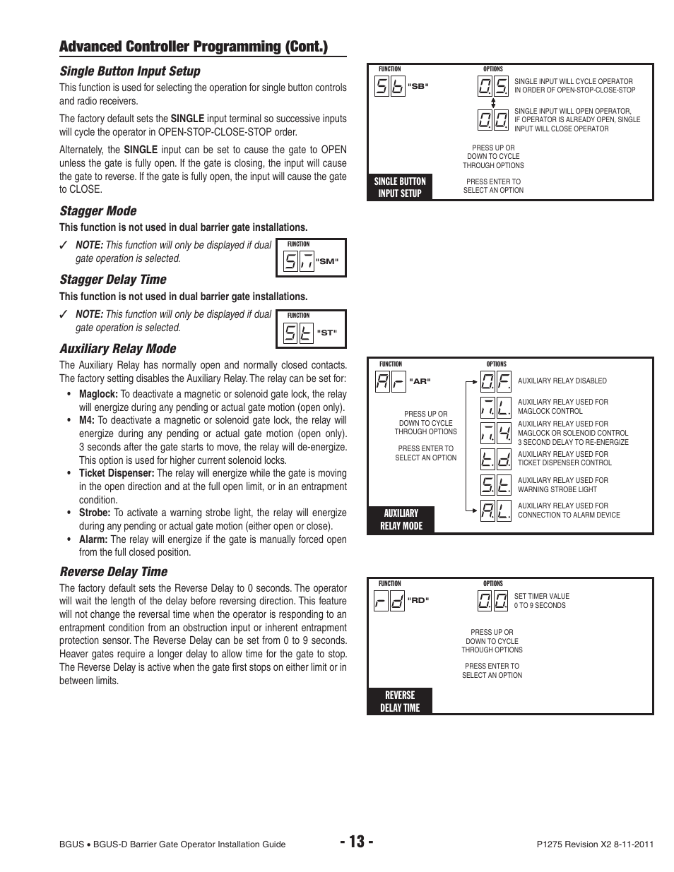 Advanced controller programming (cont.), Single button input setup, Stagger mode | Stagger delay time, Auxiliary relay mode, Reverse delay time | Controlled Products Systems Group BGUS-18-221 User Manual | Page 15 / 28