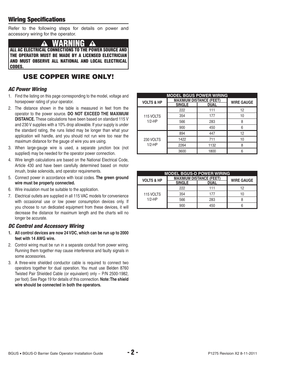 Warning, Wiring specifi cations, Use copper wire only | Controlled Products Systems Group BGUS-18-221 User Manual | Page 4 / 28