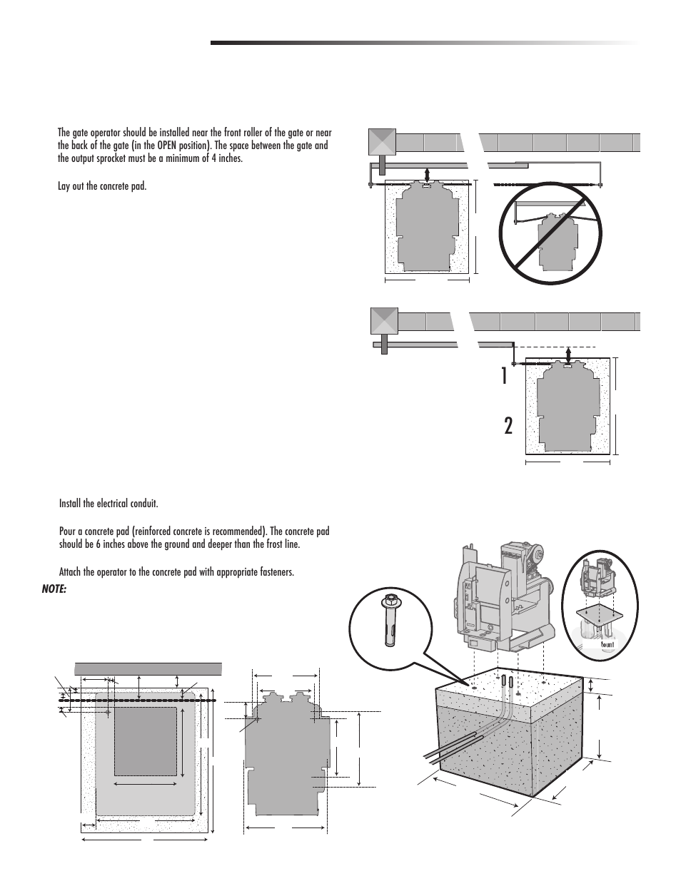 Installation, Determine location for concrete pad and operator, Concrete pad and operator attachment | Controlled Products Systems Group CSL24V User Manual | Page 14 / 48