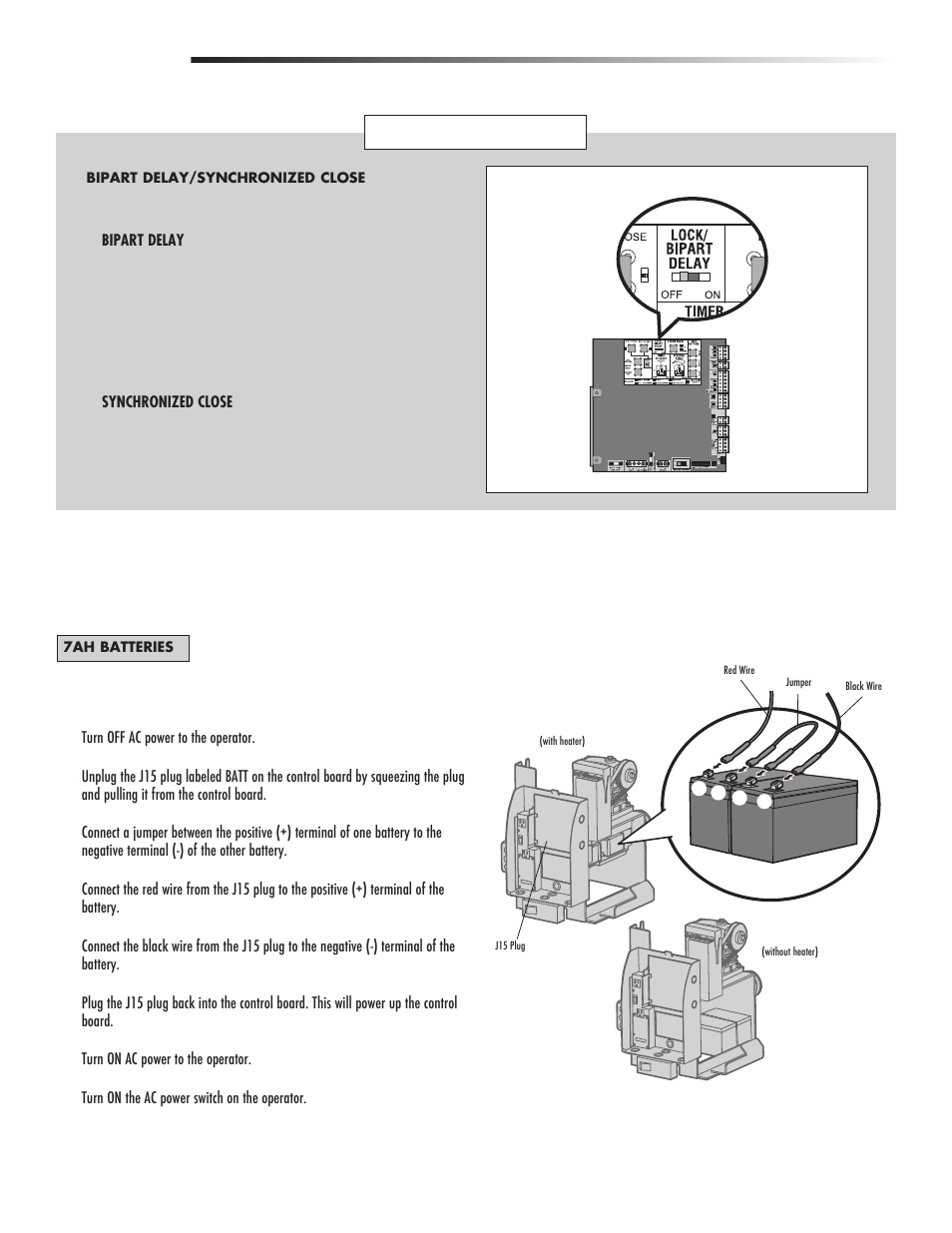 Bipart delay/synchronized close, Connect batteries, Wiring | Controlled Products Systems Group CSL24V User Manual | Page 21 / 48