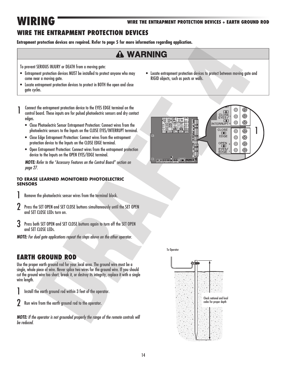 Wiring, Earth ground rod, Wire the entrapment protection devices | Controlled Products Systems Group CSL24VH User Manual | Page 16 / 48