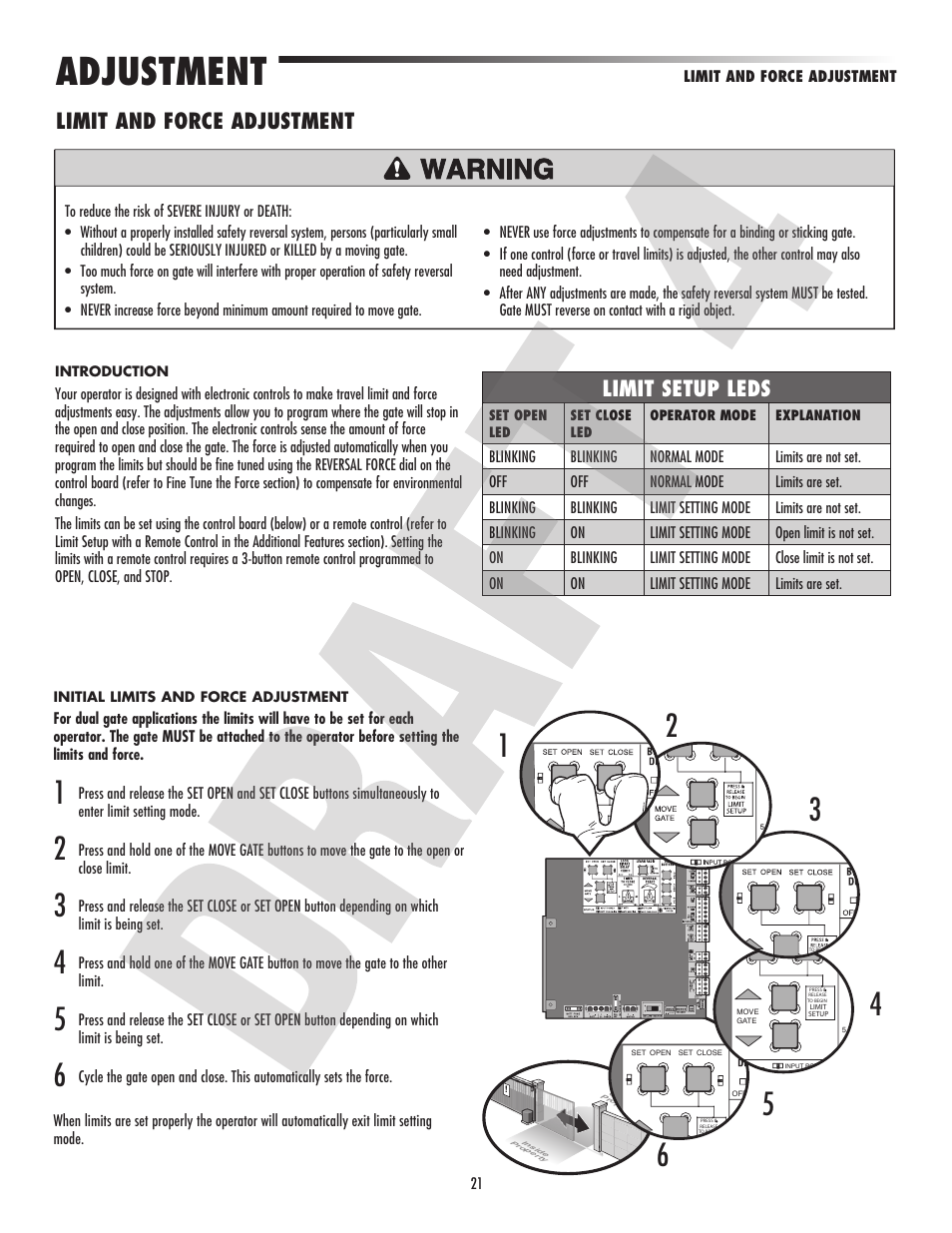 Adjustment, Limit setup leds, Limit and force adjustment | Controlled Products Systems Group CSL24VH User Manual | Page 23 / 48