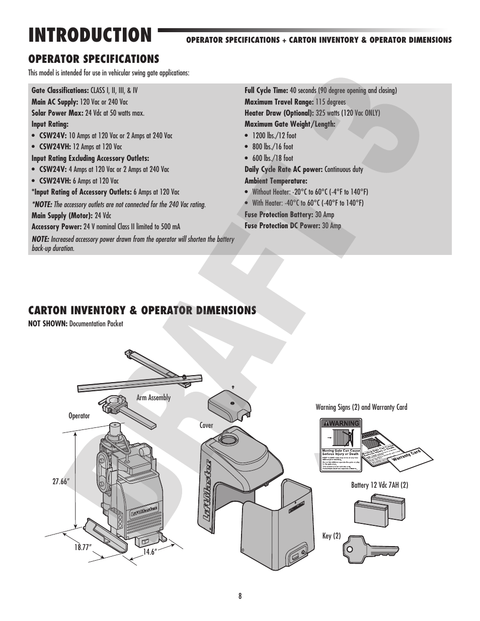 Introduction, Operator specifications, Carton inventory & operator dimensions | Controlled Products Systems Group CSW24V User Manual | Page 10 / 48
