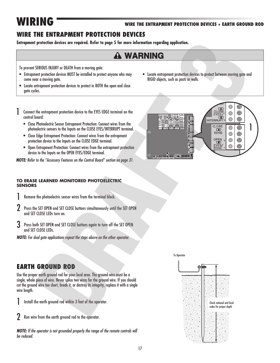 Wiring, Wire the entrapment protection devices, Earth ground rod | Controlled Products Systems Group CSW24V User Manual | Page 19 / 48