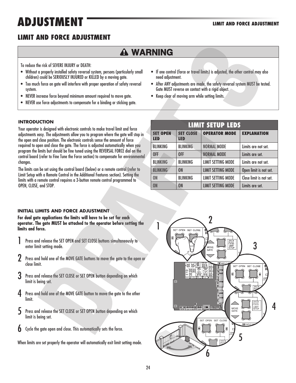 Adjustment, Limit and force adjustment, Limit setup leds | Controlled Products Systems Group CSW24V User Manual | Page 26 / 48