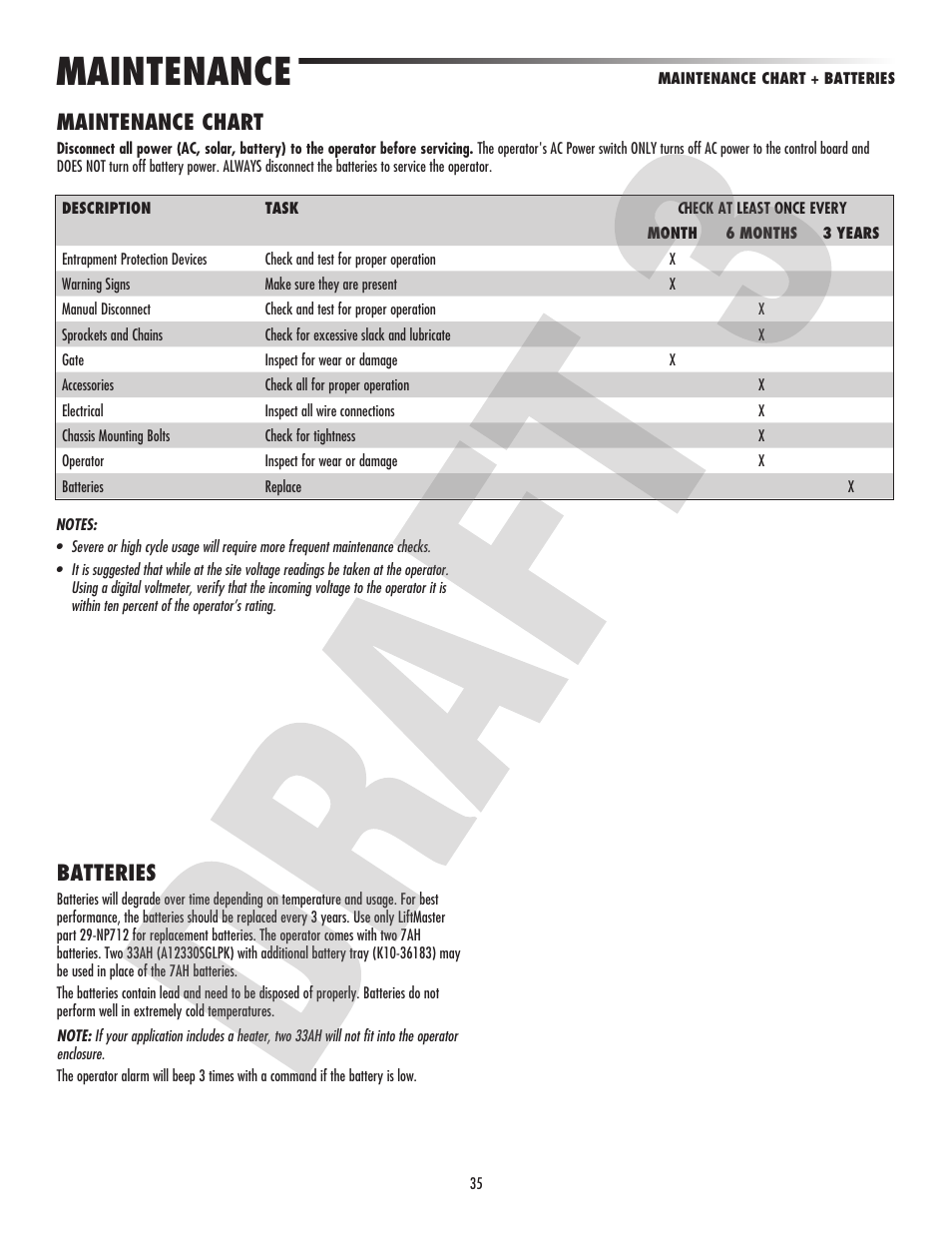 Maintenance, Maintenance chart, Batteries | Controlled Products Systems Group CSW24V User Manual | Page 37 / 48