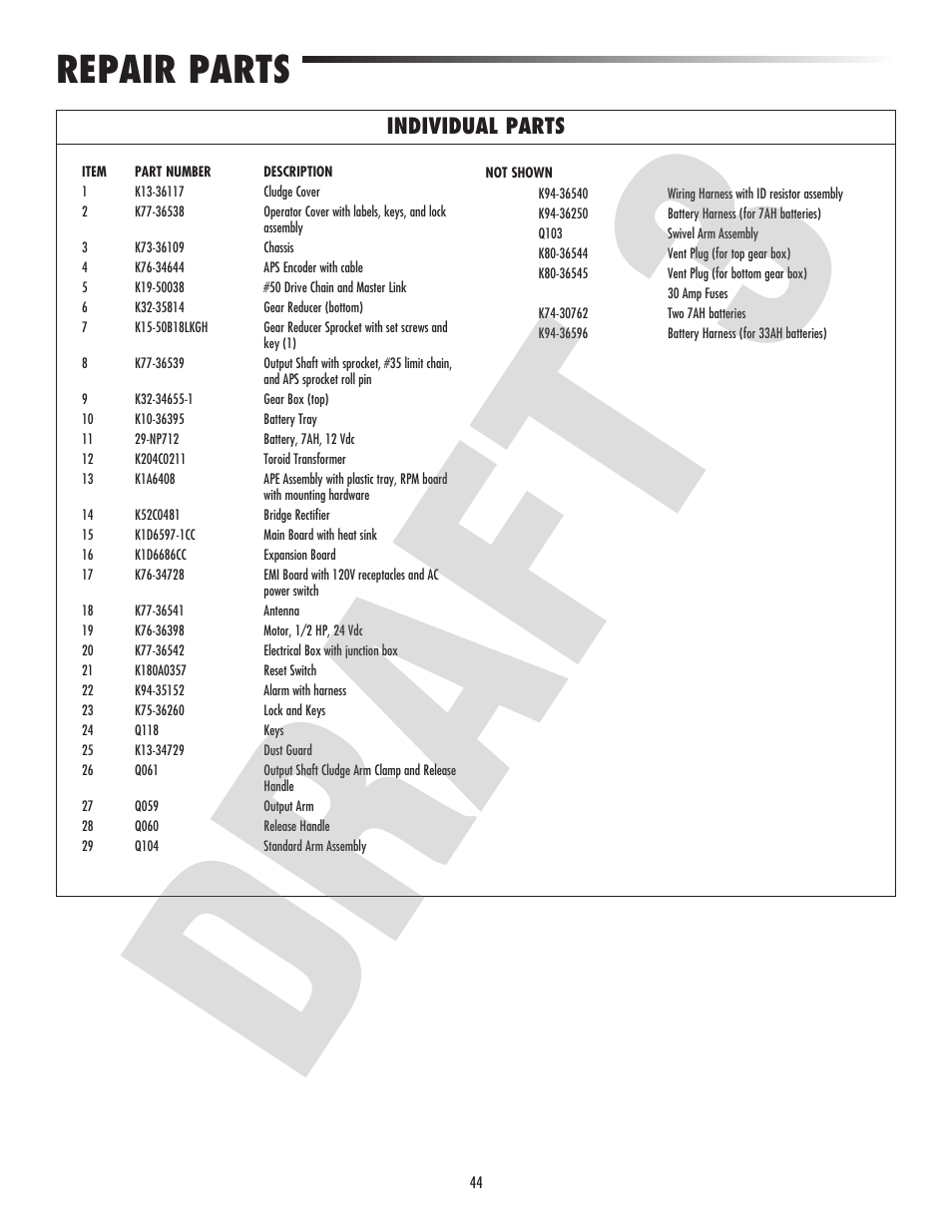 Repair parts, Individual parts | Controlled Products Systems Group CSW24V User Manual | Page 46 / 48