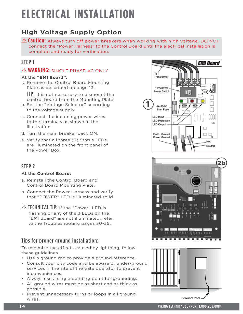 Electrical installation, High voltage supply option, Caution | Step 1, Warning, Tips for proper ground installation, Step 2, Technical tip | Controlled Products Systems Group ECUMSING5 User Manual | Page 16 / 44