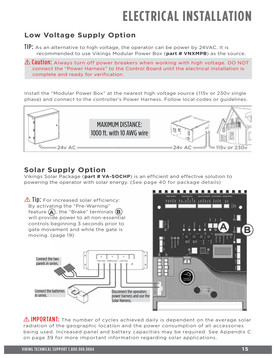 Electrical installation, Low voltage supply option tip, Caution | Solar supply option, Important | Controlled Products Systems Group ECUMSING5 User Manual | Page 17 / 44