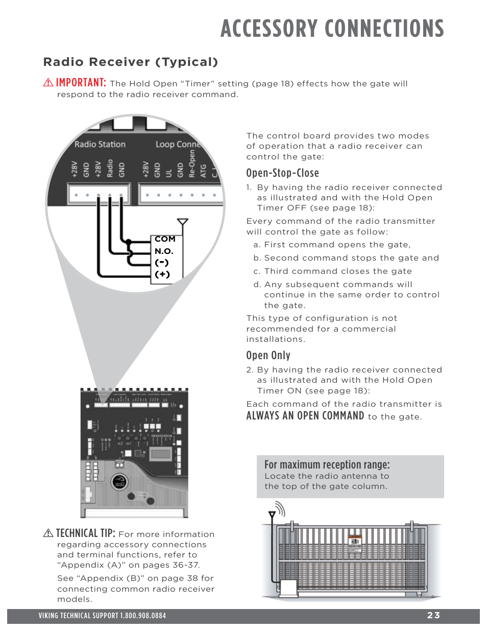 Accessory connections, Radio receiver (typical), Important | Open-stop-close, Open only, Always an open command, Technical tip, For maximum reception range | Controlled Products Systems Group ECUMSING5 User Manual | Page 25 / 44