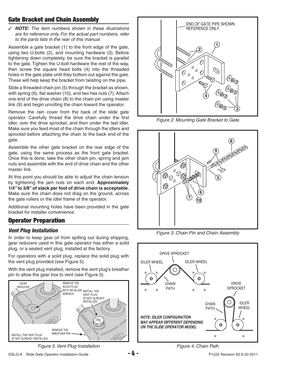 Gate bracket and chain assembly, Operator preparation, Vent plug installation | Controlled Products Systems Group GSLG-A-111 User Manual | Page 6 / 34