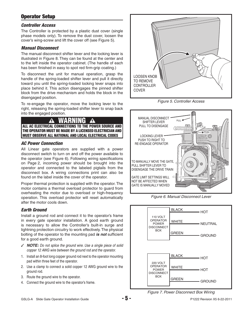 Warning, Operator setup, Controller access | Manual disconnect, Ac power connection, Earth ground | Controlled Products Systems Group GSLG-A-111 User Manual | Page 7 / 34