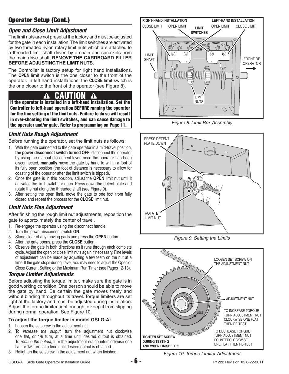 Caution, Operator setup (cont.), Open and close limit adjustment | Limit nuts rough adjustment, Limit nuts fine adjustment, Torque limiter adjustments | Controlled Products Systems Group GSLG-A-111 User Manual | Page 8 / 34