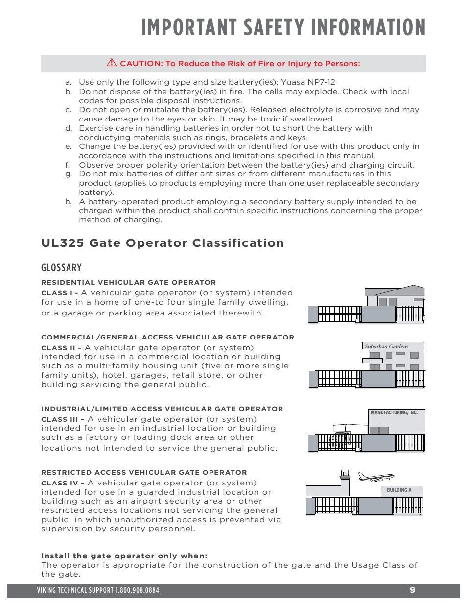 Important safety information, Ul325 gate operator classification glossary | Controlled Products Systems Group H10NX User Manual | Page 11 / 50