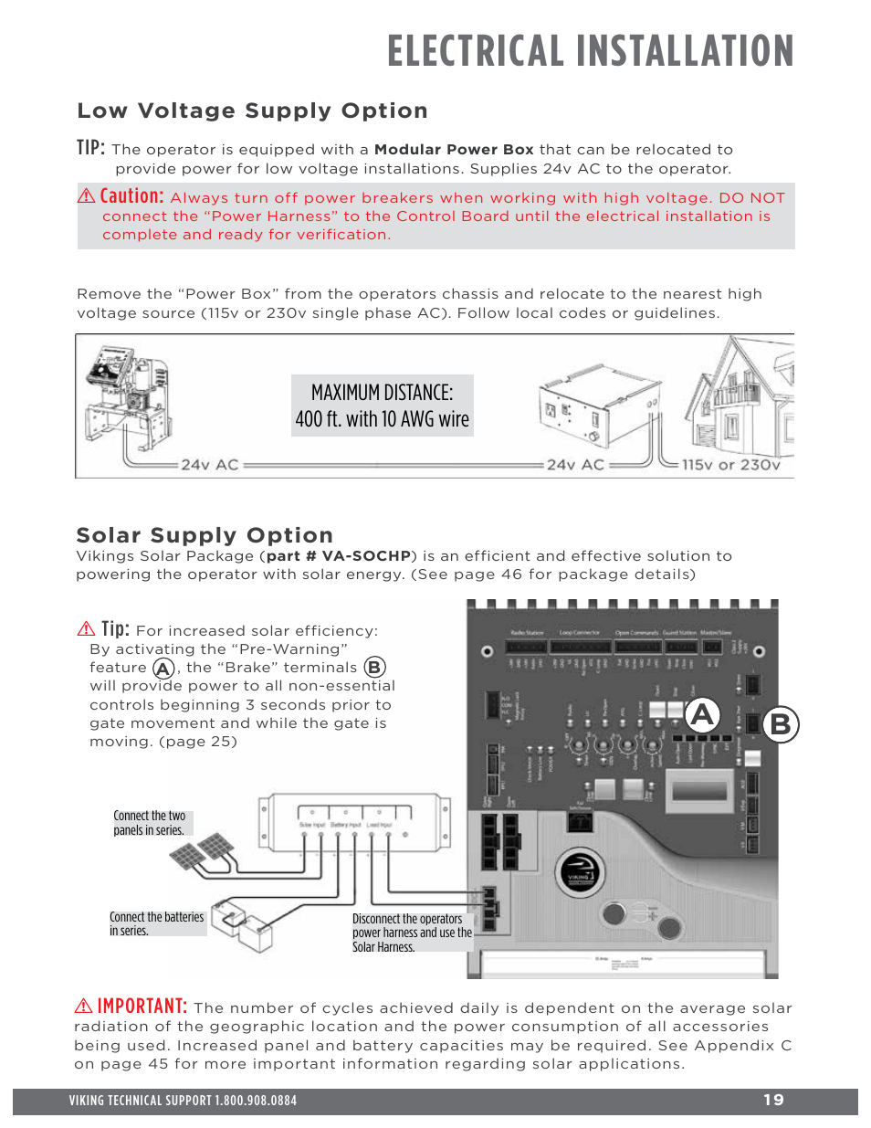 Electrical installation, Low voltage supply option tip, Caution | Solar supply option, Important | Controlled Products Systems Group H10NX User Manual | Page 21 / 50