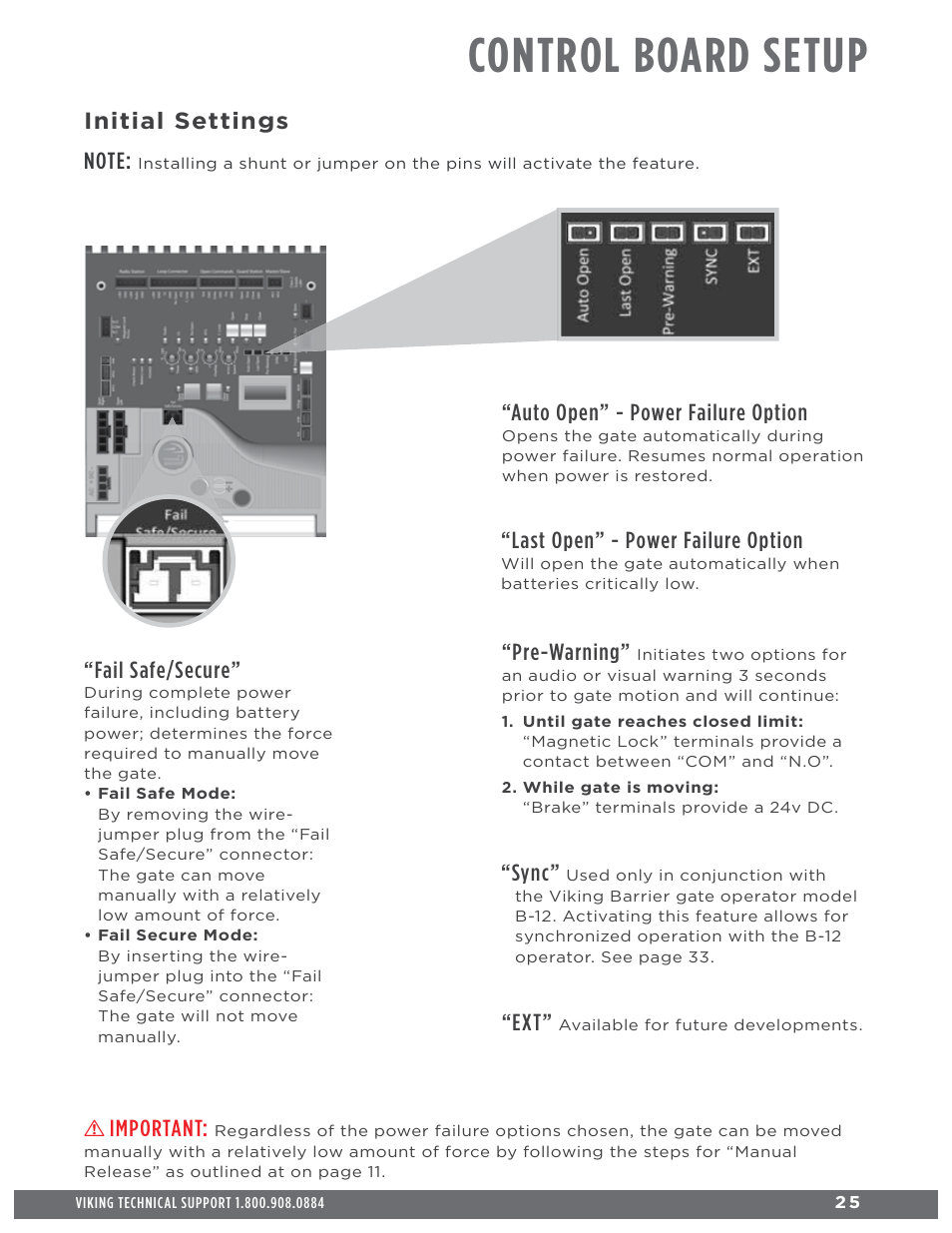 Control board setup, Important, Fail safe/secure | Sync, Auto open” - power failure option, Last open” - power failure option, Pre-warning | Controlled Products Systems Group H10NX User Manual | Page 27 / 50