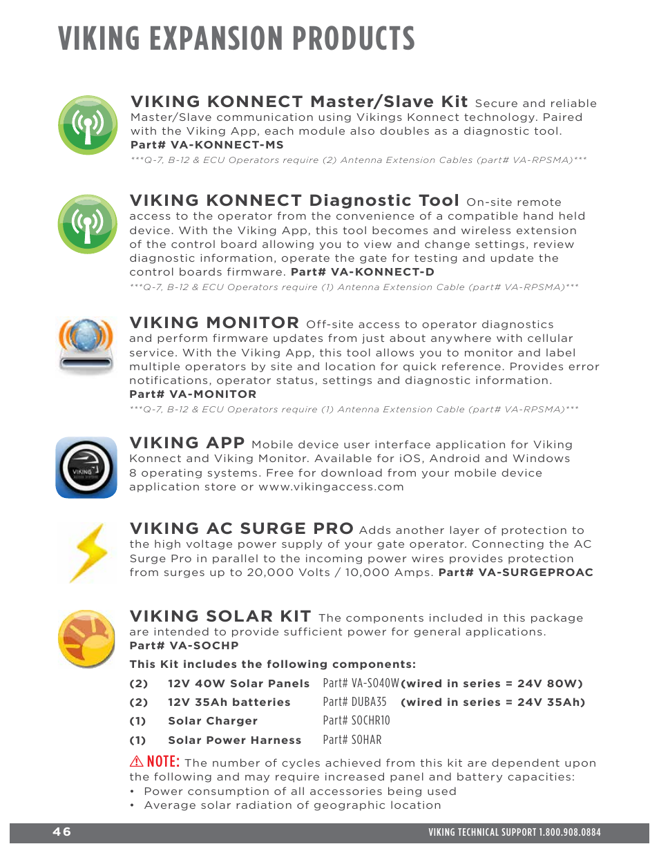 Viking expansion products, Viking solar kit, Viking konnect master/slave kit | Viking ac surge pro, Viking konnect diagnostic tool, Viking monitor, Viking app | Controlled Products Systems Group H10NX User Manual | Page 48 / 50