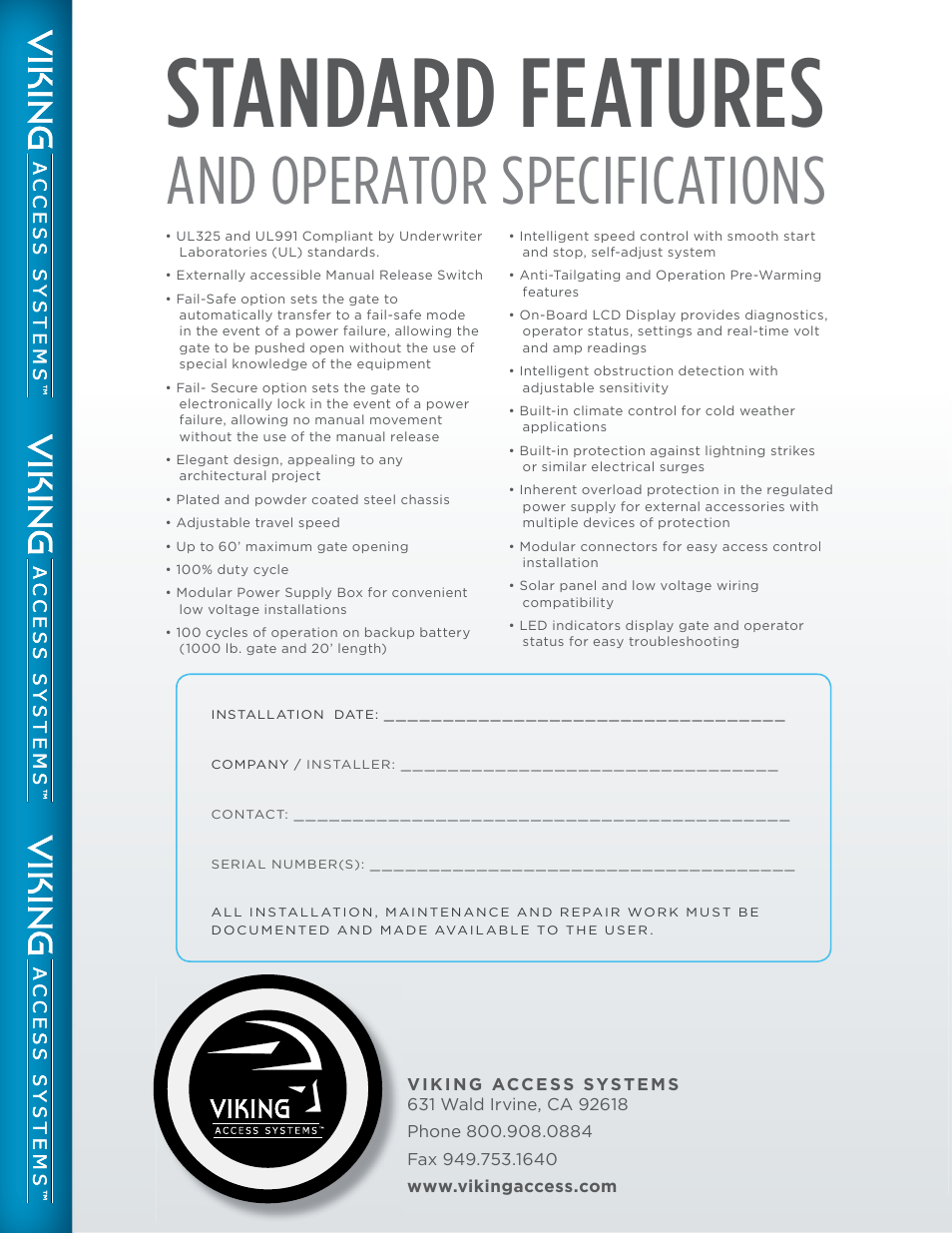 Standard features, And operator specifications | Controlled Products Systems Group H10NX User Manual | Page 50 / 50