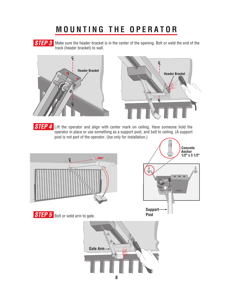 Mounting the operator, Step 3 step 4 step 5 | Controlled Products Systems Group HCT5011O3-08 User Manual | Page 10 / 36