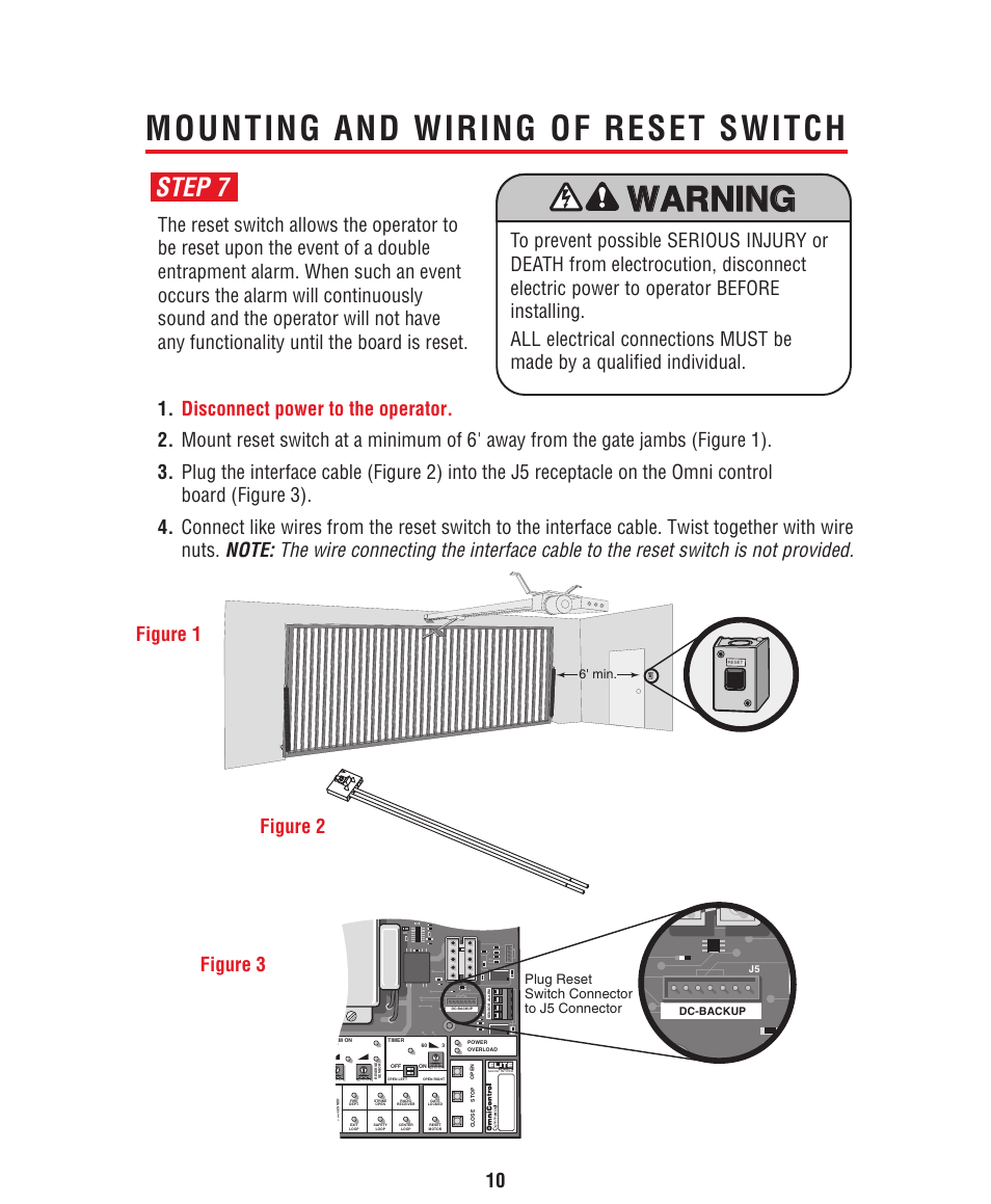 Mounting and wiring of reset switch, Warning, Step 7 | Figure 1, Reset, Plug reset switch connector to j5 connector | Controlled Products Systems Group HCT5011O3-08 User Manual | Page 12 / 36