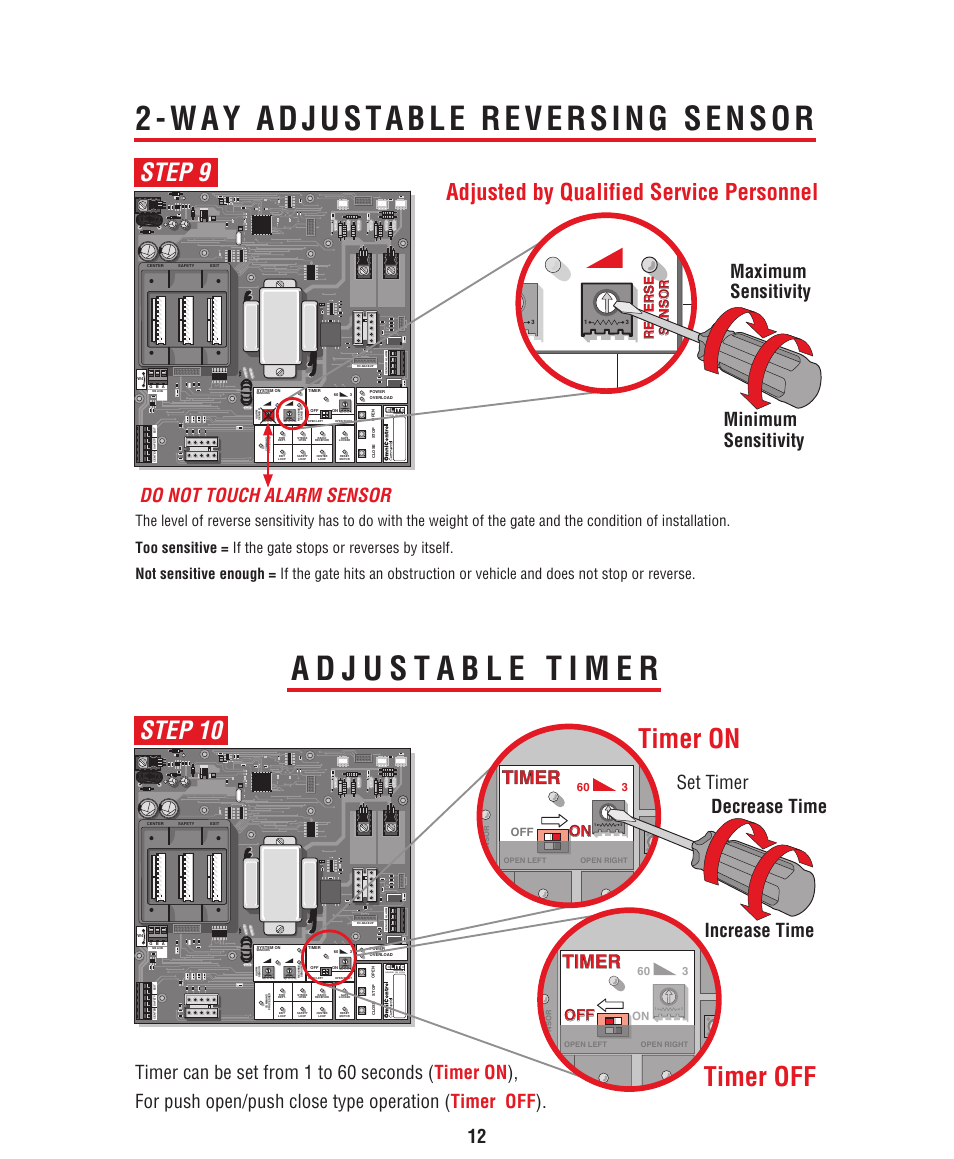 Way adjustable reversing sensor, Adjustable timer, Timer on | Timer off, Step 9 step 10, Adjusted by qualified service personnel, Timer, Made in usa, Reversereverse sensorsensor, 60 off | Controlled Products Systems Group HCT5011O3-08 User Manual | Page 14 / 36
