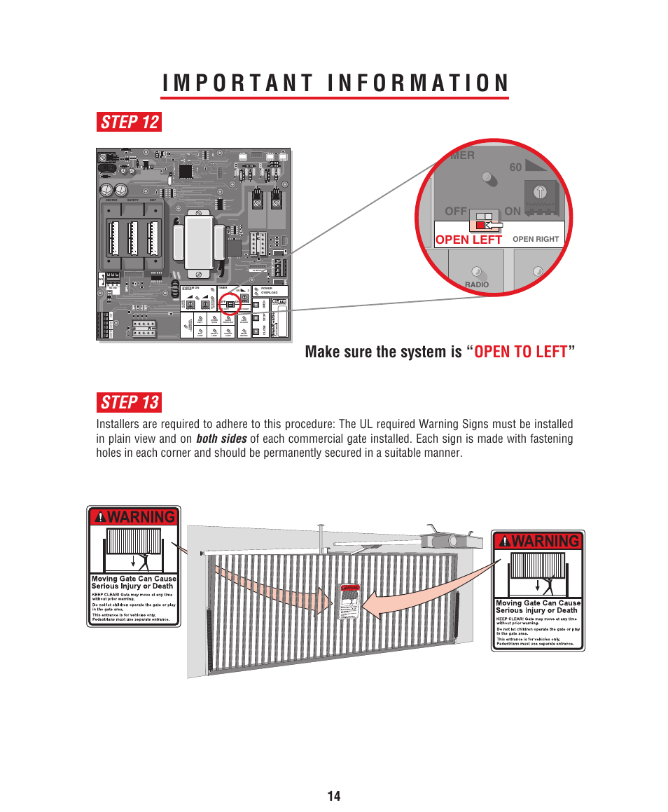 Important information, Step 12 step 13, Make sure the system is “ open to left | Open left, Mer 60 off, Made in usa | Controlled Products Systems Group HCT5011O3-08 User Manual | Page 16 / 36