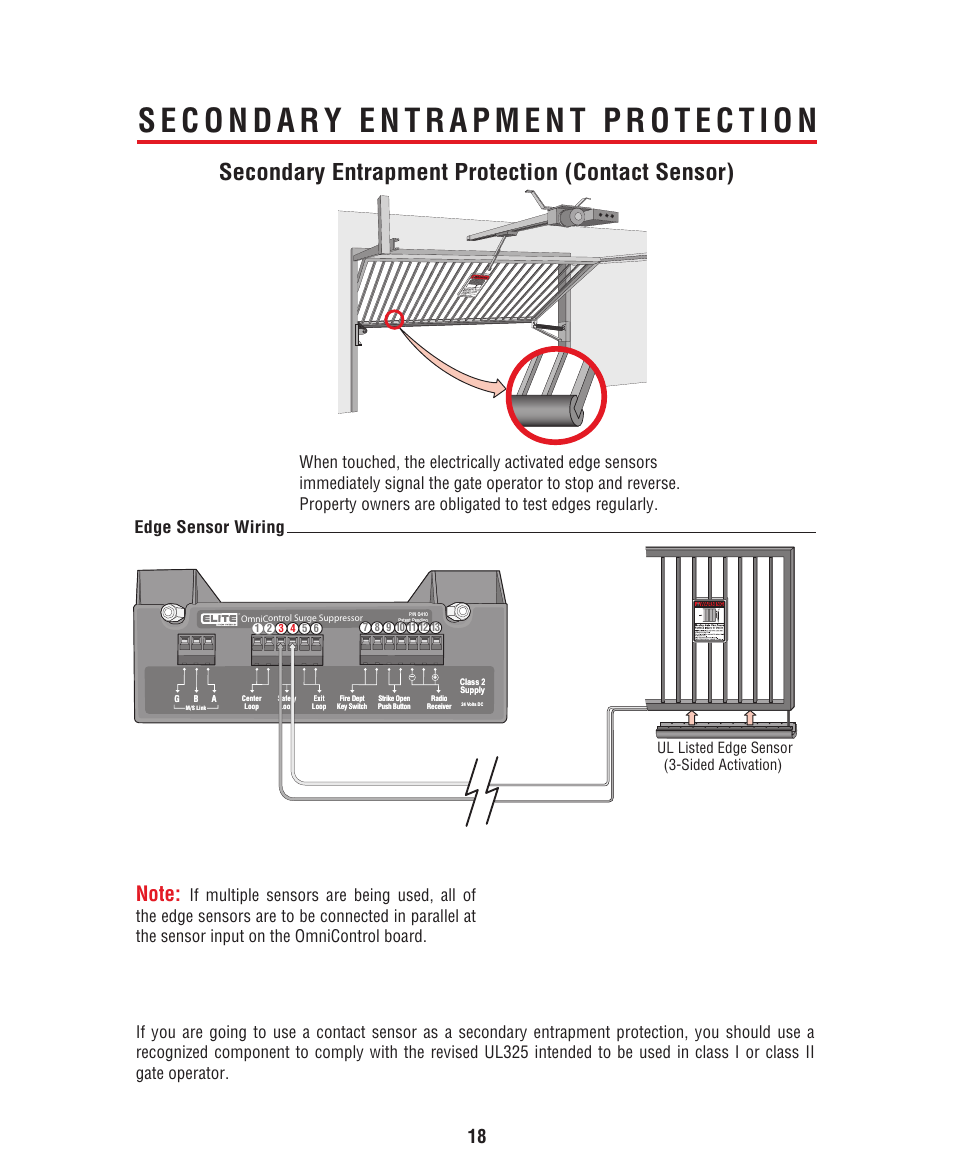 Secondary entrapment protection, Secondary entrapment protection (contact sensor), Ul listed edge sensor (3-sided activation) | Controlled Products Systems Group HCT5011O3-08 User Manual | Page 20 / 36