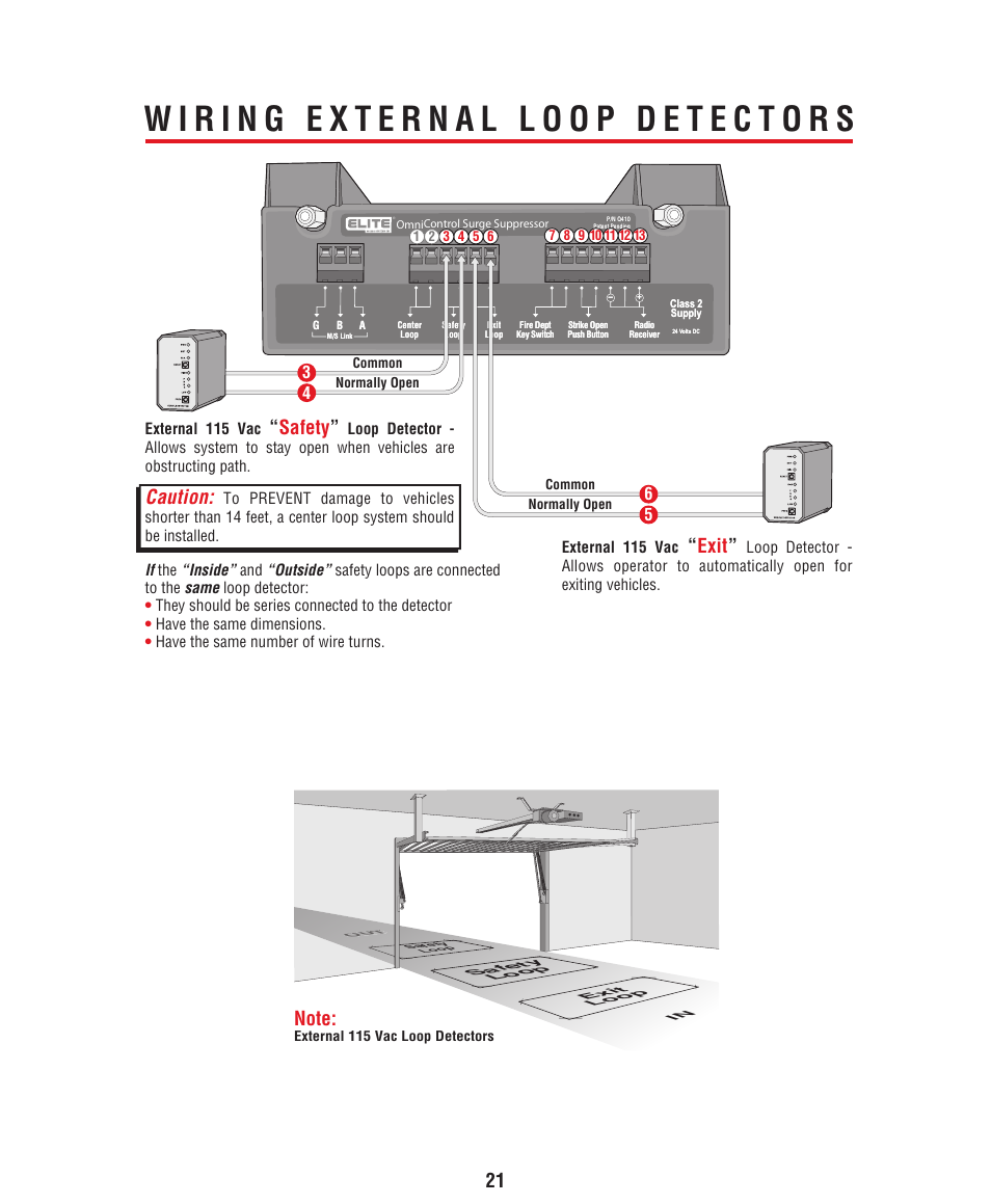 Wiring external loop detectors, Exit, Safety | Caution | Controlled Products Systems Group HCT5011O3-08 User Manual | Page 23 / 36