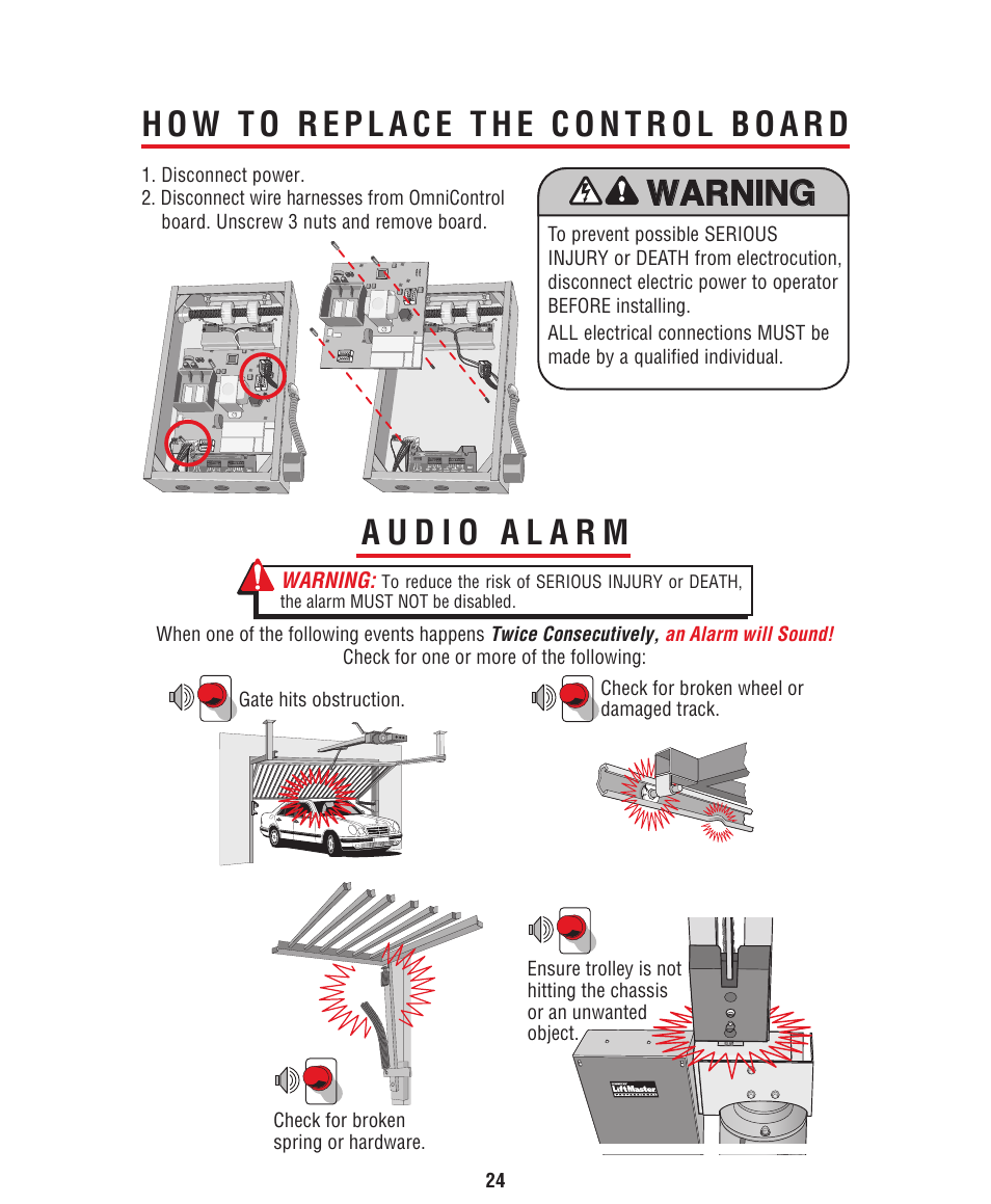 How to replace the control board, Audio alarm, Warning | Controlled Products Systems Group HCT5011O3-08 User Manual | Page 26 / 36