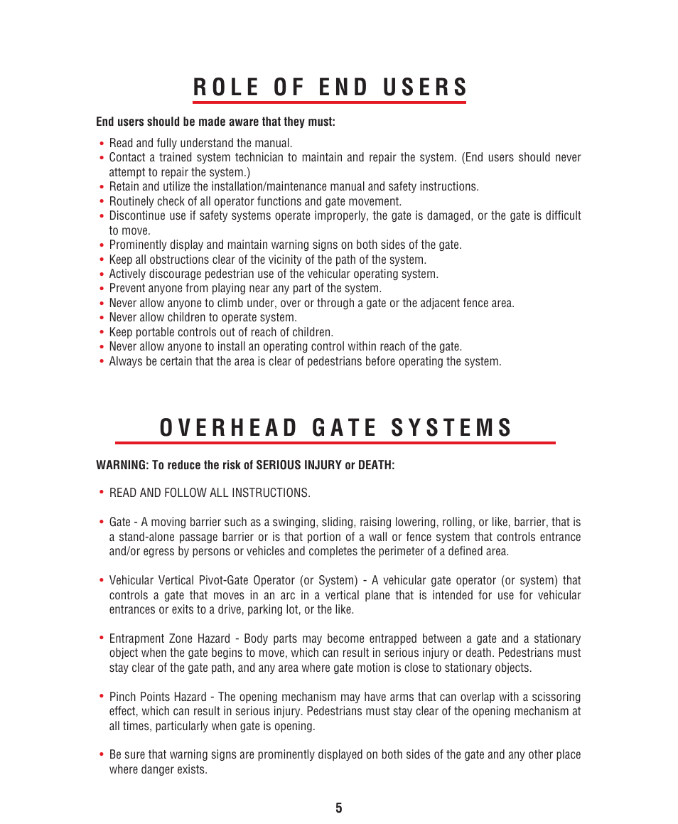 Role of end users, Overhead gate systems | Controlled Products Systems Group HCT5011O3-08 User Manual | Page 7 / 36