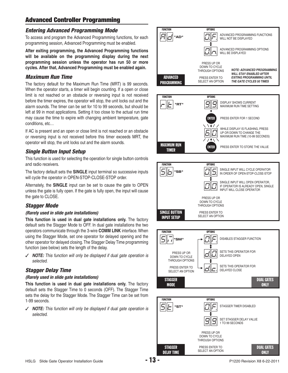 Advanced controller programming, Entering advanced programming mode, Maximum run time | Single button input setup, Stagger mode, Stagger delay time | Controlled Products Systems Group HSLG-111 User Manual | Page 15 / 34