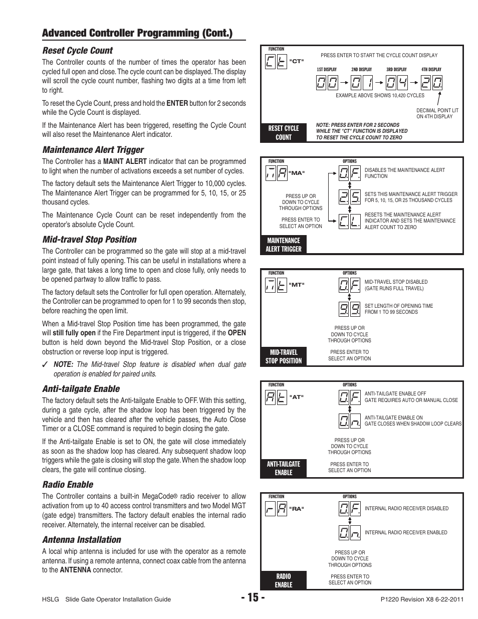 Advanced controller programming (cont.), Reset cycle count, Maintenance alert trigger | Mid-travel stop position, Anti-tailgate enable, Radio enable, Antenna installation | Controlled Products Systems Group HSLG-111 User Manual | Page 17 / 34