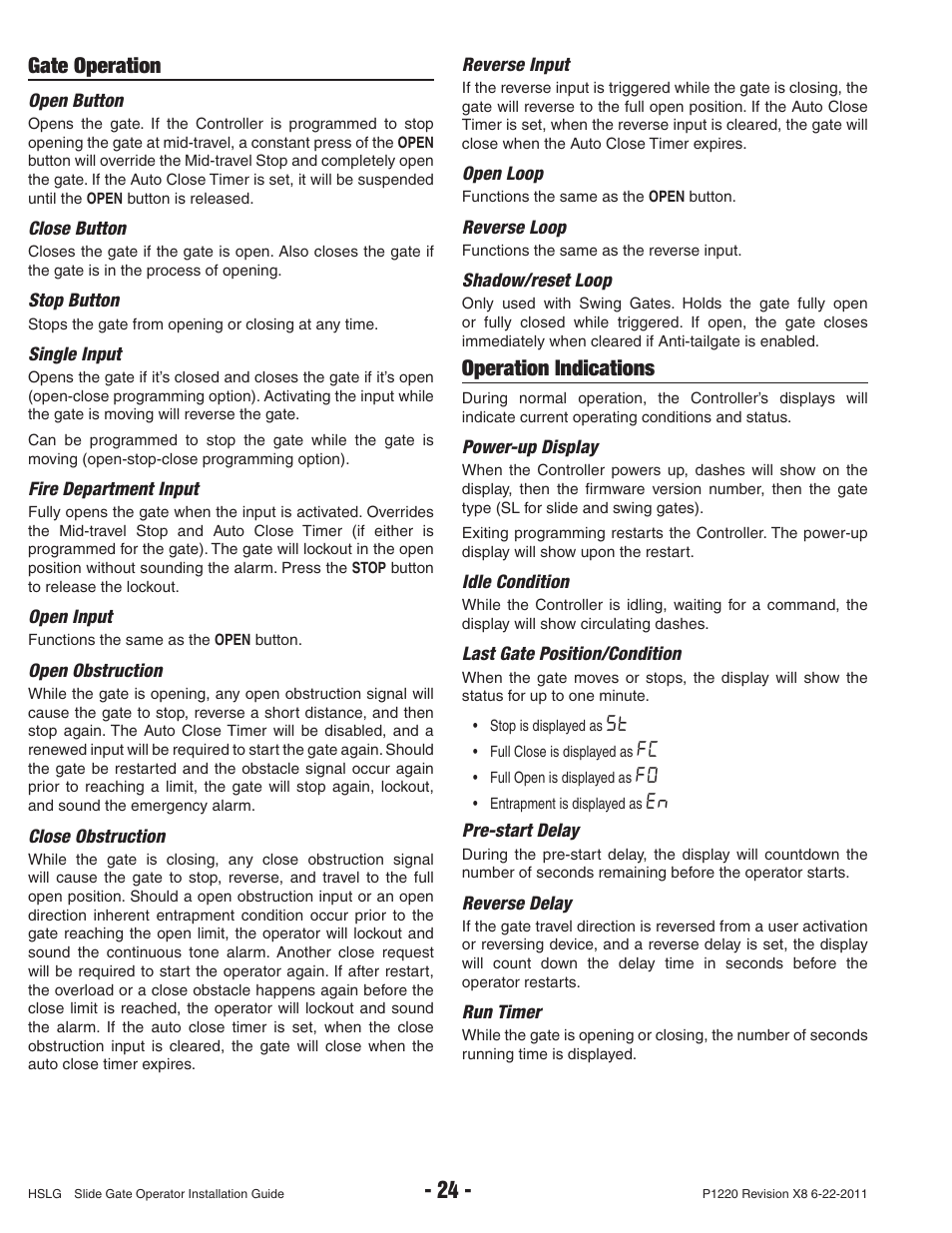 Gate operation, Operation indications | Controlled Products Systems Group HSLG-111 User Manual | Page 26 / 34