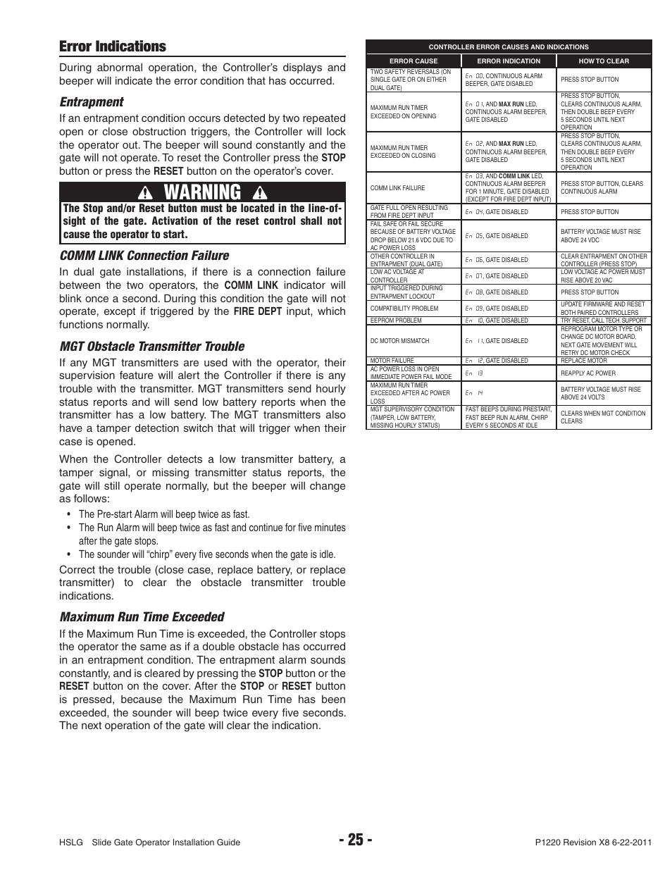 Warning, Error indications, Entrapment | Comm link connection failure, Mgt obstacle transmitter trouble, Maximum run time exceeded | Controlled Products Systems Group HSLG-111 User Manual | Page 27 / 34
